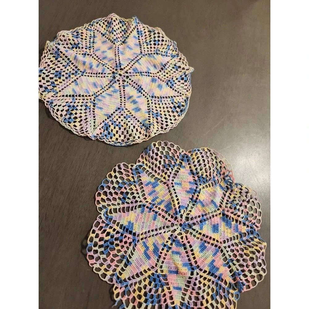 Vintage Pastel Variegated Crochet Doilies Set 2 Colorful Maximalist Decor Flaw*